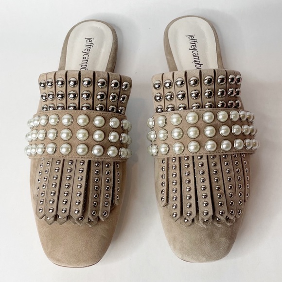 Jeffrey Campbell Shoes - NWOB Jeffrey Campbell Ravis Pearl Studded Embellished Fringe Taupe Suede Mules